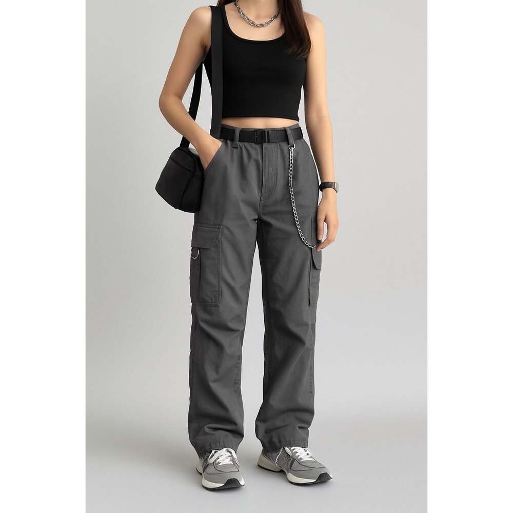 Rachel Paige L Utility Cargo Pants Gray Lightweight Back Elastic Waist D-Rings - Picture 2 of 14